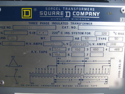 Square d transformer 75 kva 480/208Y/120 3PH 75KVA y