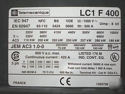 Square d LC1F400 contactor 400A used