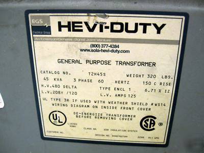 45 kva hevi-duty, 480V - 208Y/120V 3 phase transformer