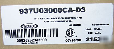 Indeeco cdir recessed ceiling heater 3KW 208V almond